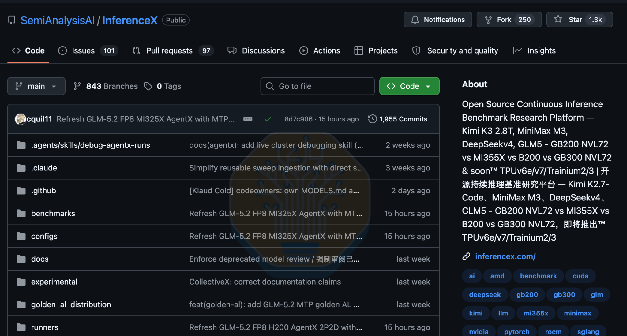 InferenceX GitHub repository showing the open-source benchmark harness and comparative data