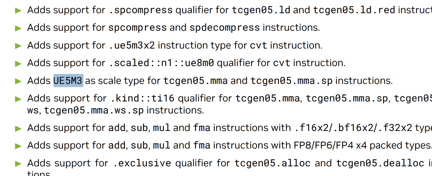 NVIDIA PTX table showing Rubin Tensor Core support for the UE5M3 8-bit block scale factor format alongside UE4M3/UE8M0